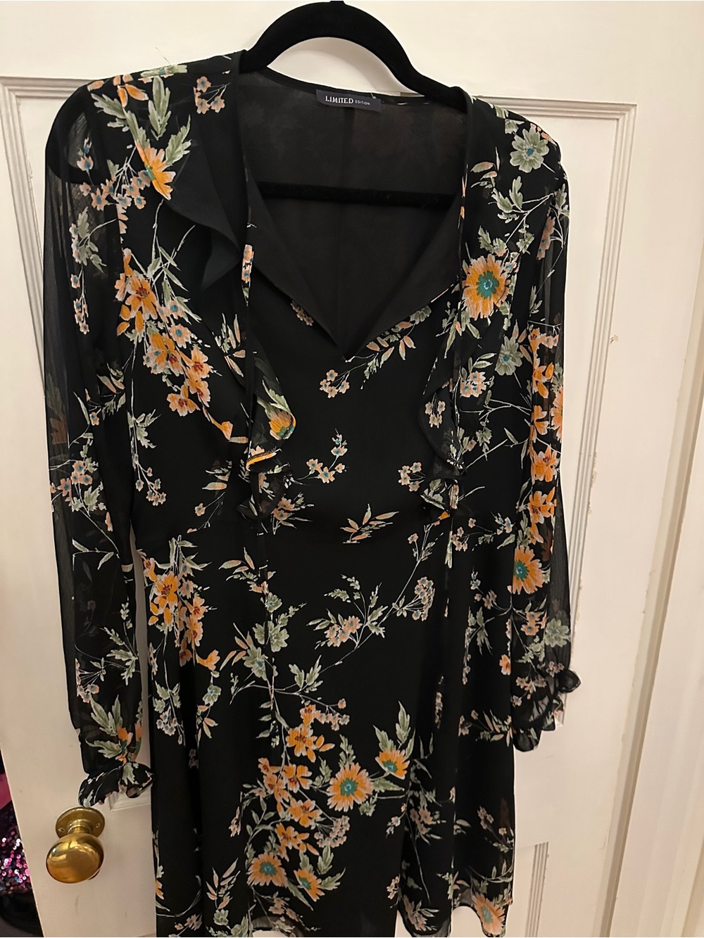 Marks & Spencer Black Floral Ruffle V-Neck Long Sleeve Dress